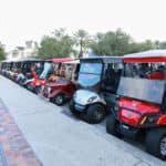 Golf carts parked downtown at Market Square