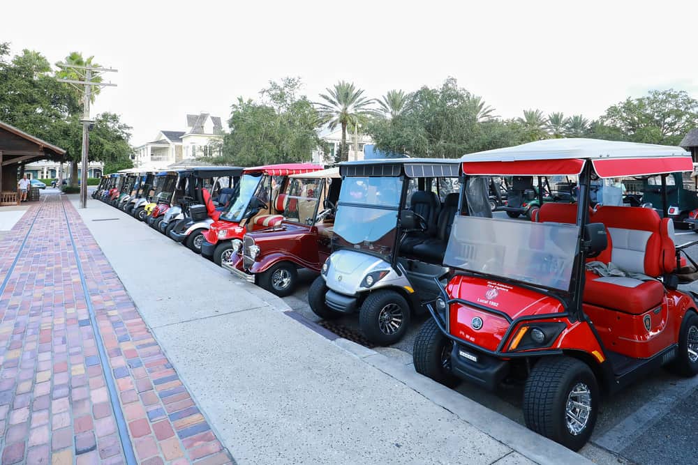 Golf carts parked downtown at Market Square