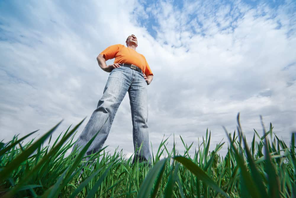 Outdoor wide-angle portrait of a tall man in jeans