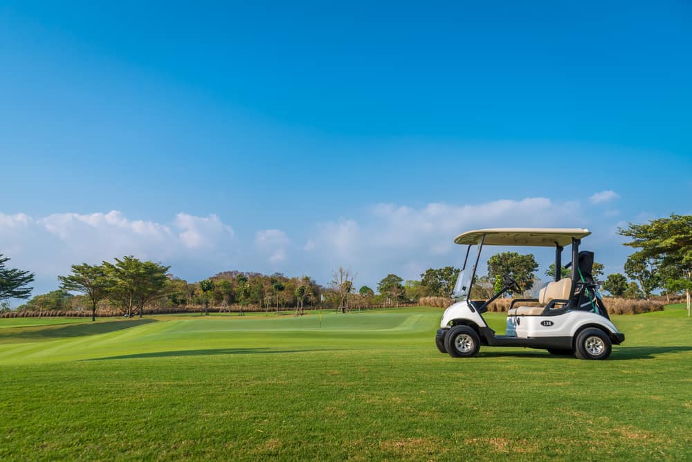 A Golf cart and golf clubs bag with shadow reflection