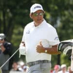 PGA golfer Phil Mickelson gives the fans a thumbs up during the second round of the Rocket Mortgage Classic on July 02, 2021, at the Detroit Golf Club in Detroit, Michigan.