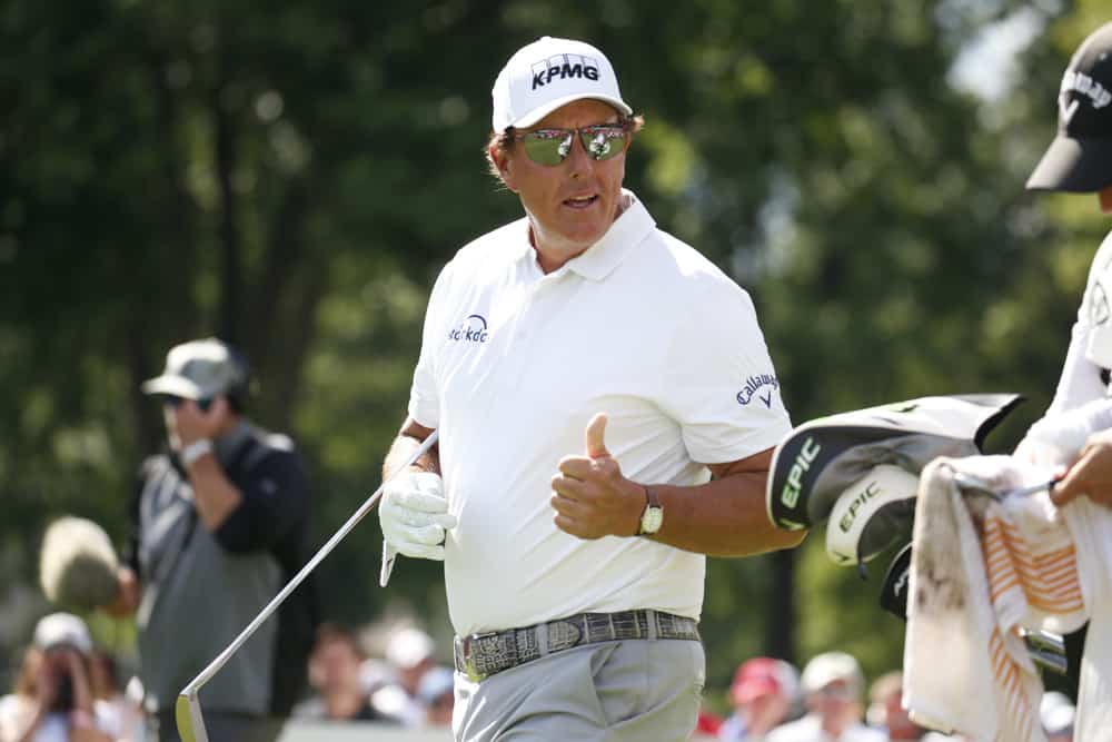 PGA golfer Phil Mickelson gives the fans a thumbs up during the second round of the Rocket Mortgage Classic on July 02, 2021, at the Detroit Golf Club in Detroit, Michigan. 