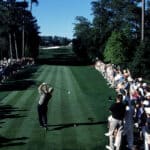 Jack Nicklaus with a tee shot at 18 "Holly" during the final round of the Masters Tournament at the Augusta National Golf Course in Augusta, GA.