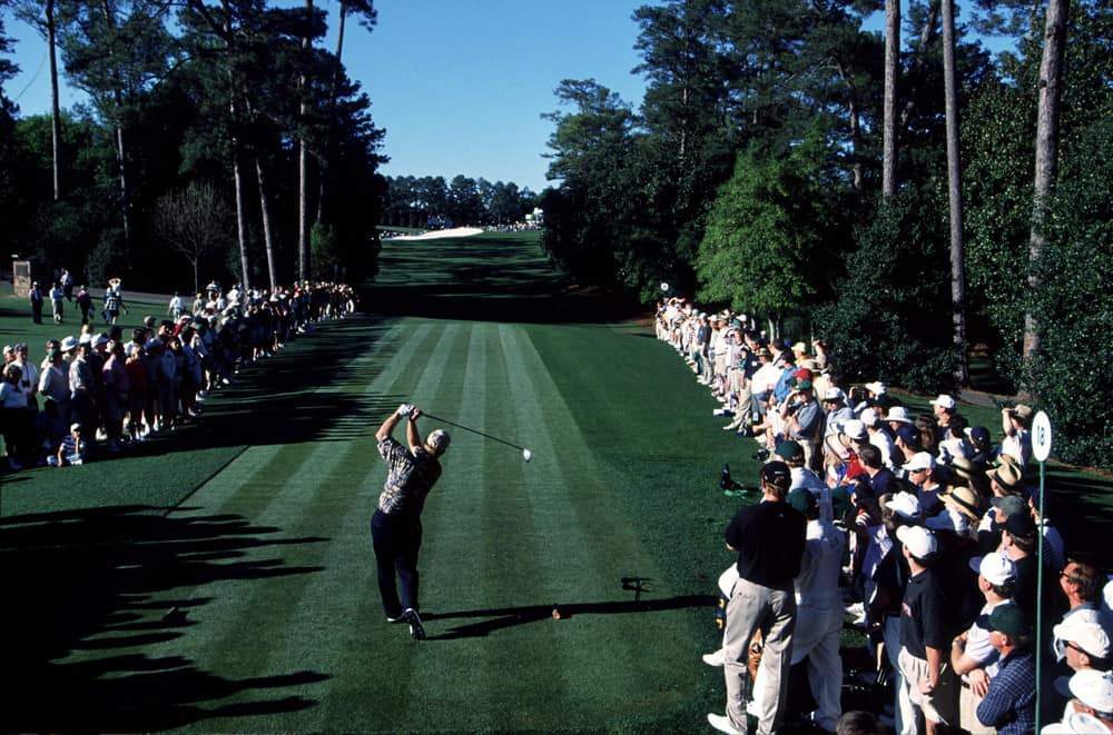 Jack Nicklaus with a tee shot at 18 "Holly" during the final round of the Masters Tournament at the Augusta National Golf Course in Augusta, GA.