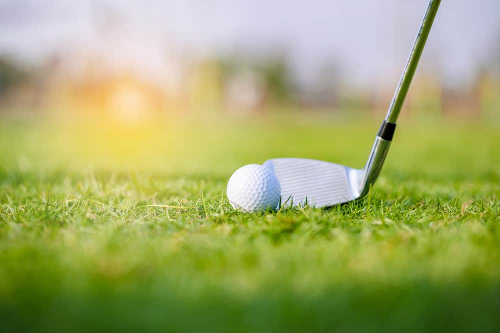 Golf clubs and golf balls on a green lawn