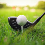 Golf club and ball in green grass